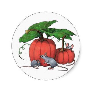 Mice And Pumpkins Cute Autumn Scene Art Round Stickers