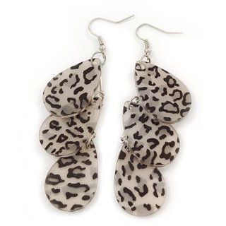 Black/Grey Resin 'Snow Leopard Print' Teardrop Earrings In Silver Plating   9cm Length: Dangle Earrings: Jewelry