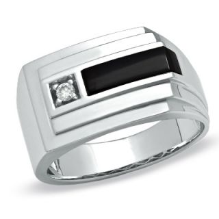 Mens Rectangular Onyx and Diamond Accent Layered Bar Ring in 10K