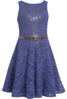 Royal Blue Belted Sequin Sparkle Lace Overlay Dress RY4MU Bonnie Jean Tween Girls Special Occasion Flower Girl Holiday BNJ Social Dress, Royal: Clothing