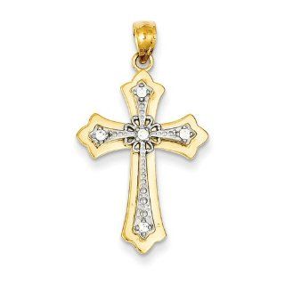 14k 0.05ct Gold Rhodium Plated Diamond Accented Fleur de Lis Cross Pendant: Jewelry