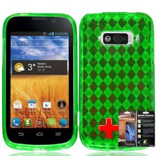 ZTE Imperial N9101 (US Cellular) One Piece TPU Rubber Fitted Mold Case Cover, Plaid Green Pattern + LCD Clear Screen Saver Protector: Cell Phones & Accessories