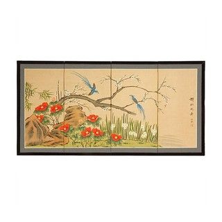 Wood and Silk 18 Inch Birds and Flowers Screen (China) Wall Hangings