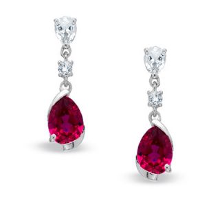 Pear Shaped Lab Created Ruby and White Sapphire Drop Earrings in 14K
