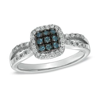 CT. T.W. Enhanced Blue and White Diamond Square Frame Ring in