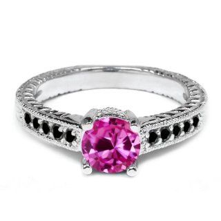 1.17 Ct Round Pink Created Sapphire and Black Diamond 925 Sterling Silver Ring: Jewelry