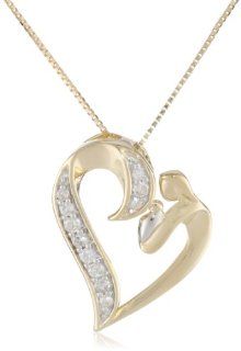 Women's 10k Yellow Gold Diamond Mom and Baby Heart Pendant Necklace (1/10 cttw, I J Color, I1 I2 Clarity), 18": Jewelry