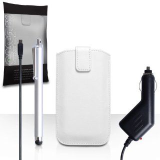 Nokia Asha 502 Case White PU Leather Caseflex Auto Return Pull Tab Pouch Cover With Stylus Pen And Car Charger: Cell Phones & Accessories
