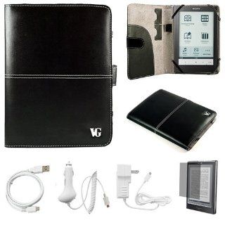 Black Protective Leather Portfolio Case with Accessory Slots for Sony PRS 650 Touch Edition Wireless e Reader + INCLUDES!!! Clear Screen Protector for SONY PRS650 Touch Edition 6 inch Display Screen + INCLUDES!!! White Rapid Travel Wall Charger with IC Chi
