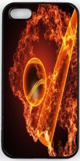 Rikki KnightTM Fiery Baseball With Bat On Black Background Design iPhone 5 & 5s Case Cover (Black Rubber with bumper protection) for Apple iPhone 5 & 5s Cell Phones & Accessories