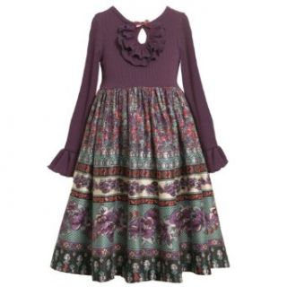 Size 6X BNJ 3994B PURPLE Ruffle Keyhole Neckline Bell Sleeve Rib Knit to Floral Print Dress,B63994 Bonnie Jean LITTLE GIRLS: Clothing