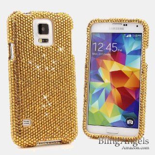 BlingAngels Samsung Galaxy S5 Case Cover Faceplate Handcrafted Unique 3D Swarovski Crystals Diamond Sparkle bedazzled jeweled Design Front & Back Snap on Hard Case + FREE Premium Quality Stylus and Water Resistant Bag (Royal Gold Crystals Design) Cel