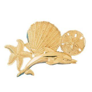 14K Yellow Gold Dolphins, Starfish, Shell And Sand Dollar Pendant: Pendant Necklaces: Jewelry