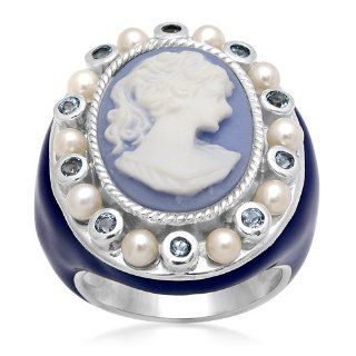 Sterling Silver Synthetic Baby Blue Topaz, Freshwater Cultured Pearl and Blue Cameo Ring, Size 7: Jewelry