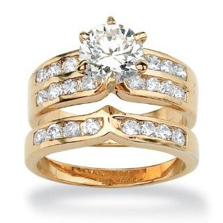 Royal Palm Jewelry 512496 2.89 TCW Round Cubic Zirconia 14k Gold Plated Triple Channel Bridal Engagment Ring Wedding Band Set   Size 6: Royal Palm Jewelry: Jewelry