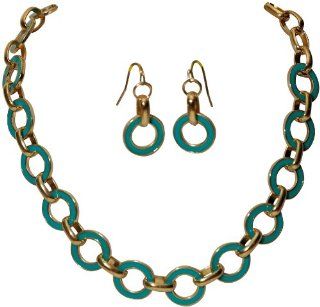 Blue & Goldtone Link Chain Circle Hoop Loop Ring Round Statement Necklace & Earrings Fashion Jewelry: Jewelry