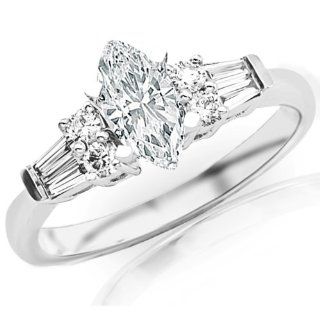 0.95 Carat Marquise Cut / Shape 14K White Gold Prong Set Round And Baguette Diamond Engagement Ring ( H I Color, SI1 Clarity ): Diamond Solitaire Engagement Rings: Jewelry