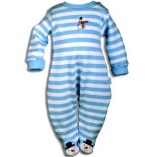 Letop Frosty Friends White Stripe Thermal Weave Footed Coverall Button Snowman, Blizard Blu, 3 Months: Clothing