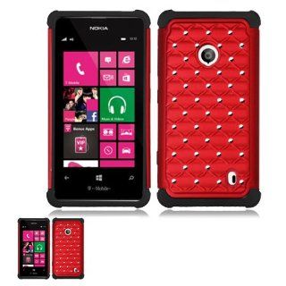 Nokia Lumia 521 Red And Black Studded Diamond Rhinestone Bling Hybrid Protector Cover Case: Cell Phones & Accessories