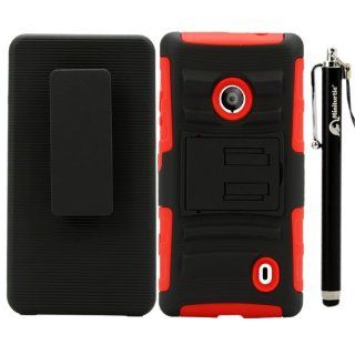 MINITURTLE, Rugged Hybrid Dual Layer Armor Phone Case Cover with Built in Kickstand, Swiveling Holster Belt Clip, and Clear Screen Protector Film for Windows Smart Phone 8 Nokia Lumia 521 / T Mobile /MetroPCS (Black / Red): Cell Phones & Accessories