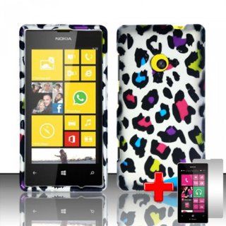 Nokia Lumia 521 (T Mobile) 2 Piece Snap on Rubberized Image Case Cover, MultiColor Cheetah Spot Pattern White Cover + LCD Clear Screen Saver Protector: Cell Phones & Accessories