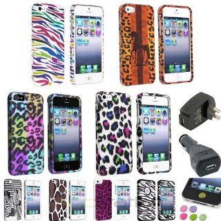 Colorful Animal Rubberized Case+Black AC+Car Charger+Sticker For iPhone 5 5S Cell Phones & Accessories