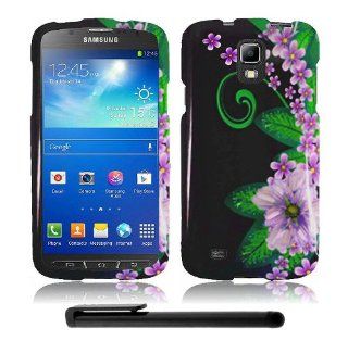 Artistic Design Samsung Galaxy S4 Active i537 / i9295 (AT&T) Hard Protector Cover Case + Bonus Long Arch 5.5" Baby Blue Screen Cleaning Cloth + Bonus 4" Metallic Black Capacitive Stylus Pen (Green Pink Flower on Black): Electronics