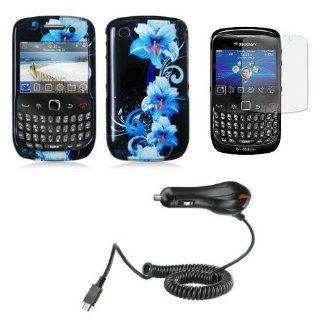 Combo Hard Case Blue Flower Design Snap On Cover Case + LCD Screen Guard Protector + Car Charger for BlackBerry Curve Gemini 3G 9300 9330 / 8520 / 8530: Cell Phones & Accessories