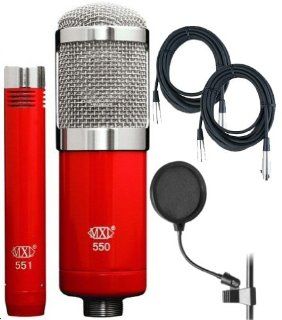 MXL 550/551Recording Ensemble w/2 Condenser Mics, Carrying Case, Pop Filter, and 2 Mic Cables: Musical Instruments