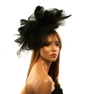 Big Tulle Mesh Feathers Fishnet Headband Fascinator Bridal Cocktail Hat Black: Clothing