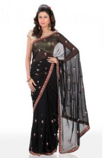 Chhabra 555 Womens Black Embroidery Saree One Size: Clothing
