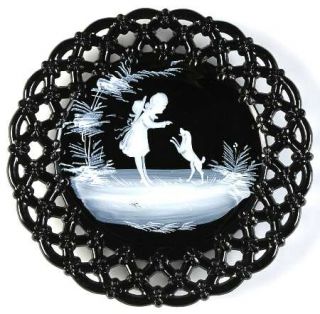 Westmoreland Mary Gregory Black 8 Decorative Plate   Black Milkglass,White Chil