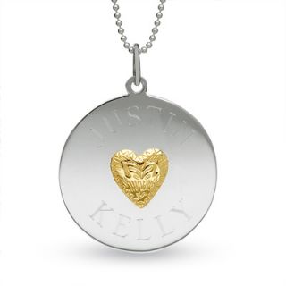 Sterling Silver Disk with Pierced Script Monogram and 14K Gold Heart