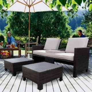 OUTT Outdoor Rattan Patio Furniture Settee & Ottomans Set 3pc Wicker Set w/ Cushions : Patio, Lawn & Garden