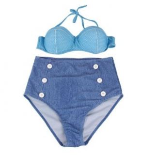 Cocoship Retro High Waist Pin up Bikini Sets Polka Top+denim Bottom Swimsuits: Clothing