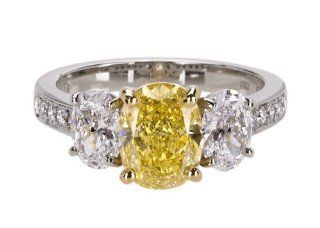 Platinum and 18k Yellow Gold Fancy Vivid Yellow Cushion Cut Diamond Ring (GIA Certified 2.12 ct center, 3.57 cttw), Size 6: Jewelry
