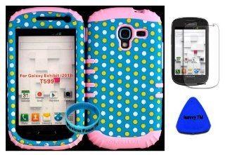 Hybrid Impact Rugged Cover Case for 2013 Release Samsung Galaxy Exhibit 4G T599 Light Blue Polka on Baby Pink Skin (Included: Screen Protector, Wristband and Pry Tool Exclusively By Wirelessfones TM): Cell Phones & Accessories