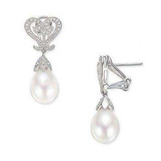 Drop Cultured Freshwater Pearl and Diamond Heart Earrings in 10K White