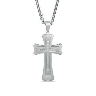 Mens 1/7 CT. T.W. Diamond Stacked Cross Pendant in Stainless Steel