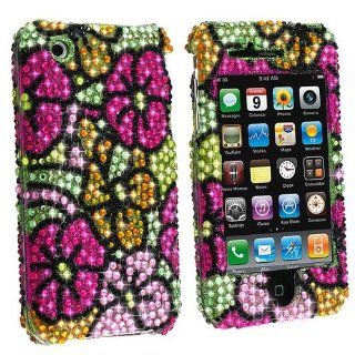 Full Diamond Rhinestone Pink Yellow Flower On Green Premium Design Snap on Protector Hard Cover Case for Apple iPhone 3G, 3GS 3G S (AT&T) Cell Phones & Accessories