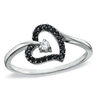 CT. T.W Enhanced Black and White Diamond Tilted Heart Promise Ring
