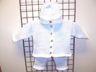 Cpk641bw, Knitted on Hand Knitting Machine Then Finished By Hand Crochet Infant Boys Outfit, Containing White, Blue Tweed Cotton Boys Cardigan Sweater, Pant, Hat Set: Infant And Toddler Pants Clothing Sets: Clothing