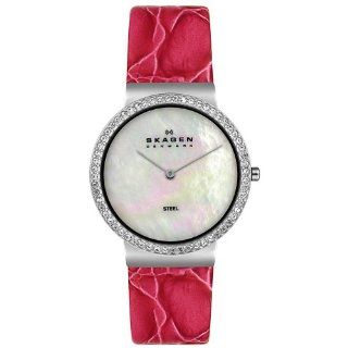 Skagen Women's 644LSLP4 Steel Collection Crystal Accented Pink Leather Watch: Watches