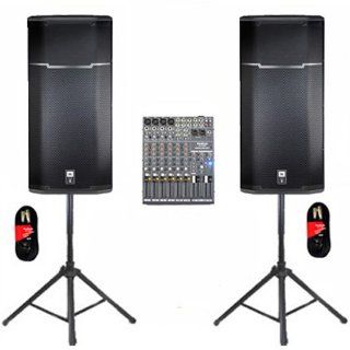 JBL Powered 3 Way 15" PRX635 Speakers Mixer, Stands and Cables Set: Musical Instruments