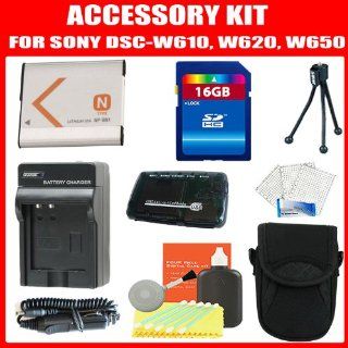 Accessories Kit For Sony Cyber Shot DSC W650, DSC W620, DSC W610 Digital Camera Includes 16GB High Speed Memory + NP BN1 Extended Replacement Battery + AC/DC Travel Charger + USB 2.0 Reader + Deluxe Case + Screen Protectors + More  Camera & Photo