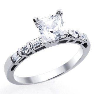 14K White Gold Engagement Ring 1ctw CZ Cubic Zirconia Princess Cut Solitaire W/ Baguette Ring: Jewelry