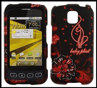 LG MS690 Optimus M Baby Phat (Licensed) Hard Shell Snap on Cover Case Black Red Color Poppys White Glow + Clear Screen Protector: Cell Phones & Accessories