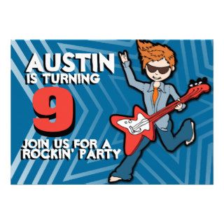 Kids rockstar boy 9th birthday blue invitation