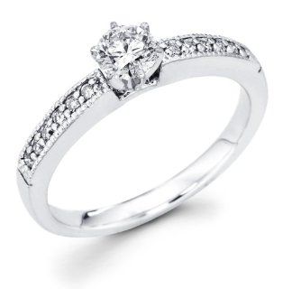 14k White Gold Milgrain Solitaire Round Diamond Engagement Ring w/ Channel Set Diamond Side Stones (3/8 cttw, 1/4 ct Center, G H Color, I1 Clarity): Jewelry