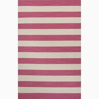 Handmade Stripe Pattern Pink/ Ivory Wool Rug (9 X 12)